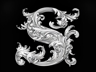 s letter, in baroque realism graceful sculptures scroll, black background