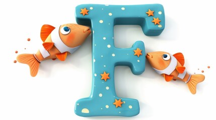A fish is swimming in front of the letter F