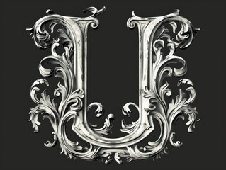 Wall Mural - U letter, in baroque realism graceful sculptures scroll, black background
