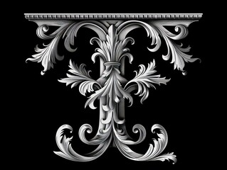 Wall Mural - T letter, in baroque realism graceful sculptures scroll, black background