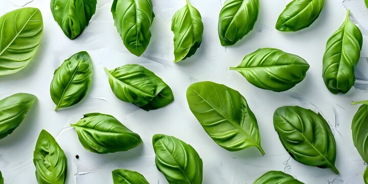 Green basil leaves on white background: a natural Asian herb and spice. Concept Basil, Herb, Spice, Asian Cuisine, Green Leaves