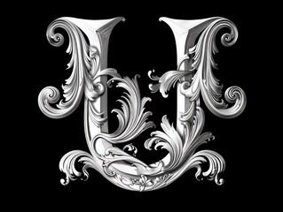 Wall Mural - U letter, in baroque realism graceful sculptures scroll, black background