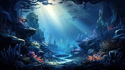 Wall Mural - Stunning digital illustration of an underwater scene pulsating with marine life and sunbeams