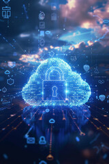 Wall Mural - A padlock icon hovering in the center with a cloud shape in the background, surrounded by digital shields and encrypted codes, signifying robust cloud security and data protection.