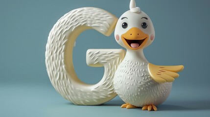 A cartoon duck is standing in front of the letter G