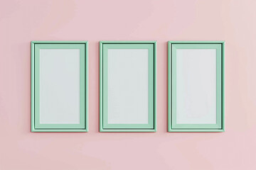 a mock-up of three empty posters in green frames on a pastel pink background.