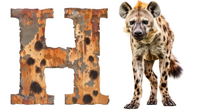 A hyena stands in front of the letter H