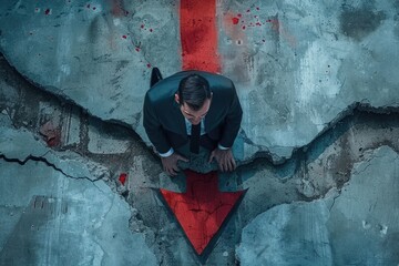 Poster - Businessman standing on directional red arrow, suitable for business concepts