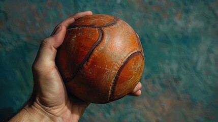Poster - Hand holding basketball ball in front of wall, suitable for sports and fitness concepts