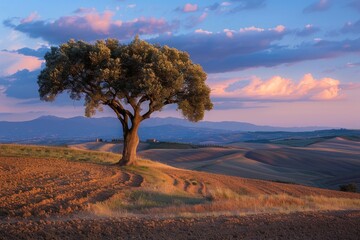 Poster - A single tree standing tall in a vast field with rolling hills in the background. Ideal for nature and landscape themes