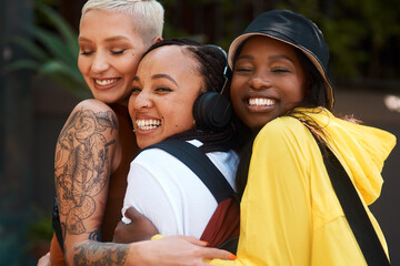 Aufkleber - Friends, girls and embrace in city with laughing for bonding, funny joke or streetwear with support outdoor in nature. People, women and happy in town with edgy style, trendy clothes or confident hug