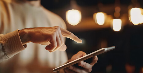 man using his tablet touching the screen with fingers, digital work concept