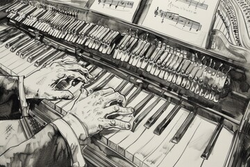 Poster - Detailed drawing of a man playing a grand piano. Suitable for music-related designs