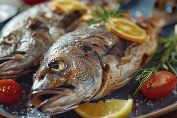 Poster - Two fish on a plate with lemons and tomatoes. Ideal for seafood restaurant menus