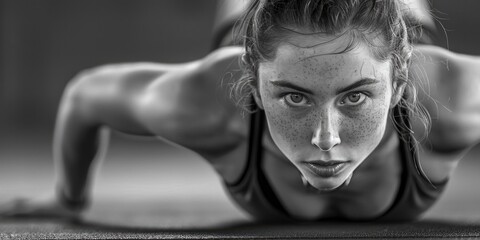 Poster - A woman exercising with push ups, suitable for fitness and health concepts