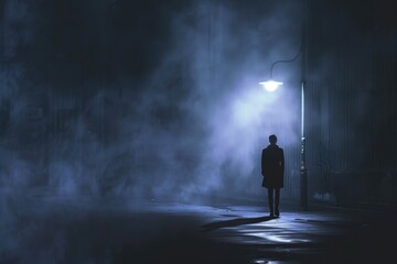 Poster - A person standing in the dark with a street light in the background. Suitable for illustrating loneliness or solitude