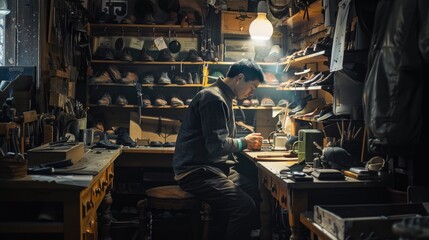 Poster - A man sitting at a table working on a piece of wood. Suitable for woodworking or carpentry projects