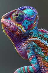Poster - A vibrant chameleon perched on a tree branch. Suitable for nature and wildlife themes