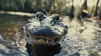 Poster - Close up view of an alligator's head in the water, suitable for nature and wildlife themes