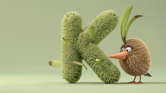 A cartoon bird is looking at a letter K