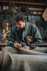 Poster - A man is seen working on a piece of furniture. Suitable for DIY projects