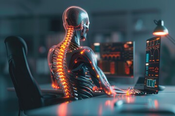 Aufkleber - A skeleton sitting in front of a laptop computer. Suitable for technology and Halloween themes