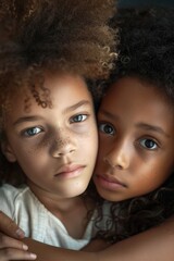 Poster - Two young girls with freckles embracing each other. Suitable for friendship or diversity concepts
