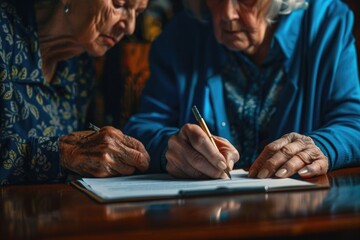 Poster - Two elderly women sitting at a table, writing on a piece of paper. Suitable for business or education concepts
