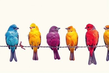 Poster - Colorful birds perched on a wire. Suitable for nature and wildlife themes