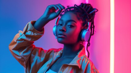 Poster - A woman wearing headphones in front of a vibrant neon background. Ideal for music and technology concepts