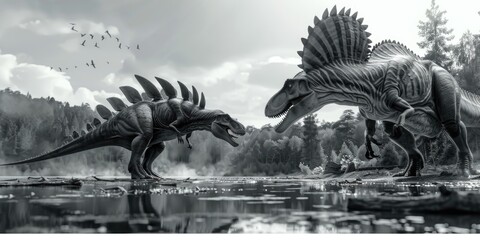 Poster - Prehistoric dinosaurs in a natural setting, suitable for educational materials