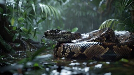 Poster - A large snake laying in a body of water. Ideal for nature and wildlife themes