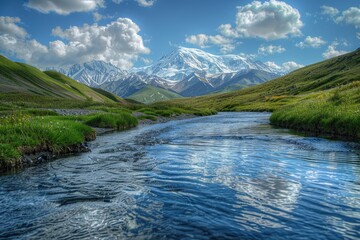 Poster - A beautiful river flowing through a vibrant green valley, perfect for nature-themed designs