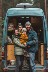 Sticker - Portrait of family man woman and toddler child in front of camp van