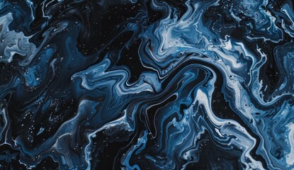 Wall Mural - Abstract Blue and White Painting with a Black Background, an Abstract Artwork with Marbling on canvas capturing the fluidity of water in an abstract composition