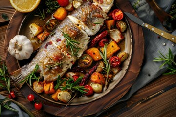Poster - Freshly cooked fish and vegetables on a table, perfect for food blogs or restaurant menus