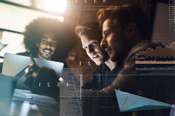 Poster - Double exposure, business team and tablet coding with staff and coworking with collaboration. Office, website programming and analytics overlay with developer and management with digital work in dark