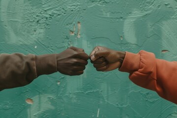 Canvas Print - Couple holding hands in front of a green wall. Suitable for relationship or partnership concepts