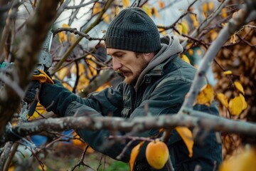 Poster - Man using scissors to cut down tree, versatile image for various concepts