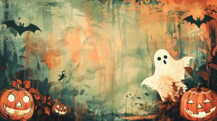 Wall Mural - Blank vintage card for Halloween, highlighting elements of pumpkins and ghosts in pastel styles, with big copy space in the center for text
