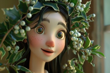 Poster - Close up of a doll with a wreath of berries. Suitable for holiday decorations