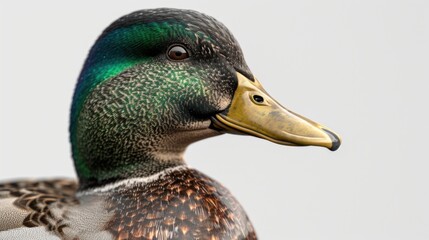 Poster - A close up of a duck's head on a white background. Perfect for animal lovers and nature enthusiasts