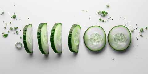 Poster - Fresh sliced cucumbers on a clean white background, perfect for culinary or health-related projects
