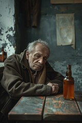Aufkleber - A man sitting at a table with a bottle of beer. Suitable for advertising and lifestyle concepts