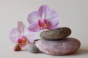 Poster - A pile of rocks with a flower on top. Suitable for nature and landscaping concepts
