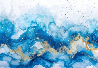 Wall Mural - Abstract blue watercolor background with glitter and golden elements