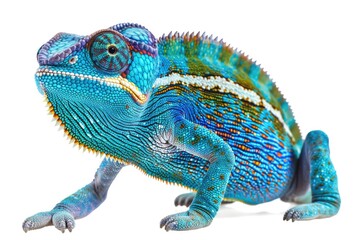 Poster - Colorful chameleon sitting on a plain white background, suitable for various design projects