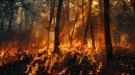 Wall Mural - A fire burning in the middle of a dense forest. Suitable for environmental and disaster-related projects