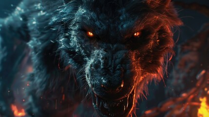 Poster - Close up of a wolf with fire in the background, suitable for wildlife and fantasy themes