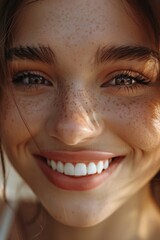 Poster - Close up of a woman with freckles. Perfect for beauty and skincare concepts